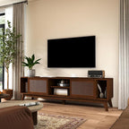 Ball & Cast 68" Mid Century Modern TV Stand for TVs up to 75", Media Console with Rattan Sliding Doors, Open Shelves & Solid Wood Legs, Entertainment Center for Living Room,Bedroom,Walnut