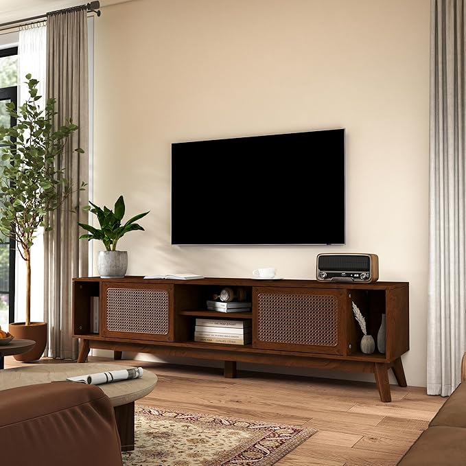 Ball & Cast 68" Mid Century Modern TV Stand for TVs up to 75", Media Console with Rattan Sliding Doors, Open Shelves & Solid Wood Legs, Entertainment Center for Living Room,Bedroom,Walnut