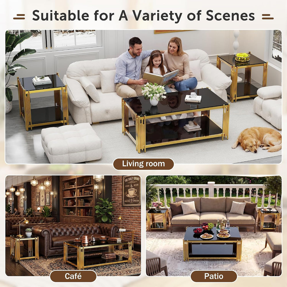 Glass Coffee Table Set of 3, End Table Modern Living Room Table Rectangle Cle...