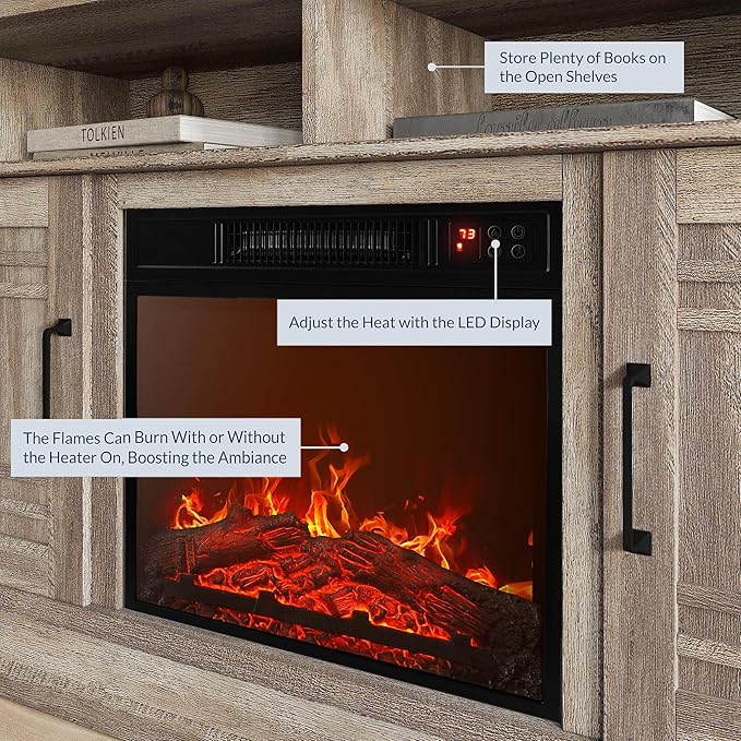 BELLEZE 48" TV Stand with 18" Electric Fireplace Heater, Modern TV Stand for TVs up to 50", Entertainment Media Stand with Open Shelves and Storage Cabinets for Living Room, Bedroom (Ashland Pine)