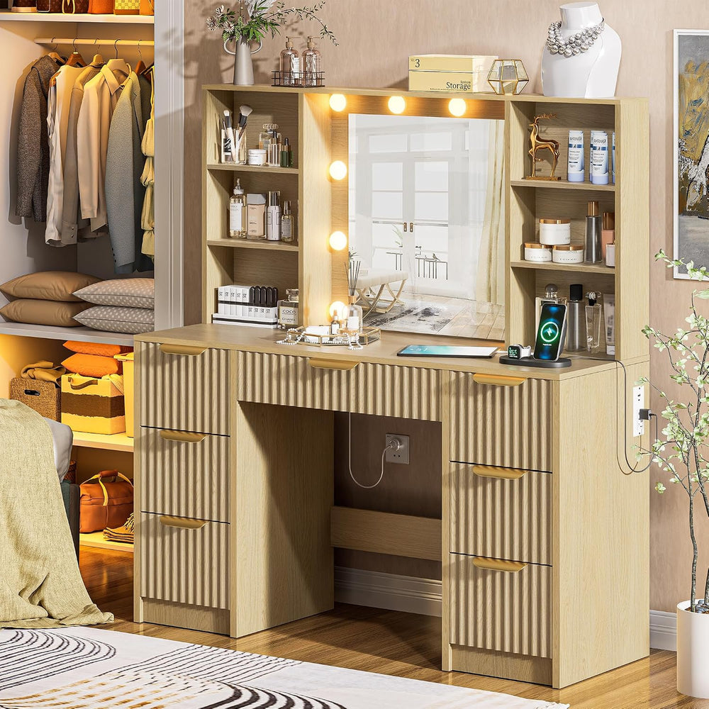 Fluted Vanity Desk with Mirror and 10 Adjustable LED Lights, Modern Makeup De...