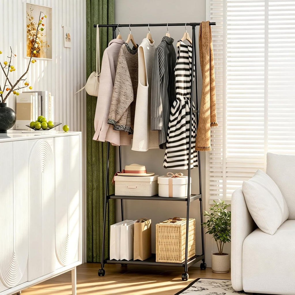GcdPai Freestanding Clothing Rack Double-Tier with Shoe Storage | Space-Saving Closet Organizer, For Entryway, Bedroom & Walk-In Wardrobe, Triangle Coat Rack, Garment Rack