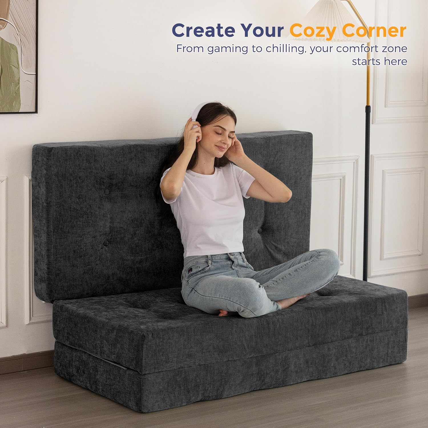 MAXYOYO 6" Folding Sofa Bed for Floor, Tufted Tri-Fold Floor Mattress with Chenille Fabric, Twin Size Portable Sofa Couch Guest Mat for Adults, Foldable Topper for Camping, Dark Grey, 35.4"x75"