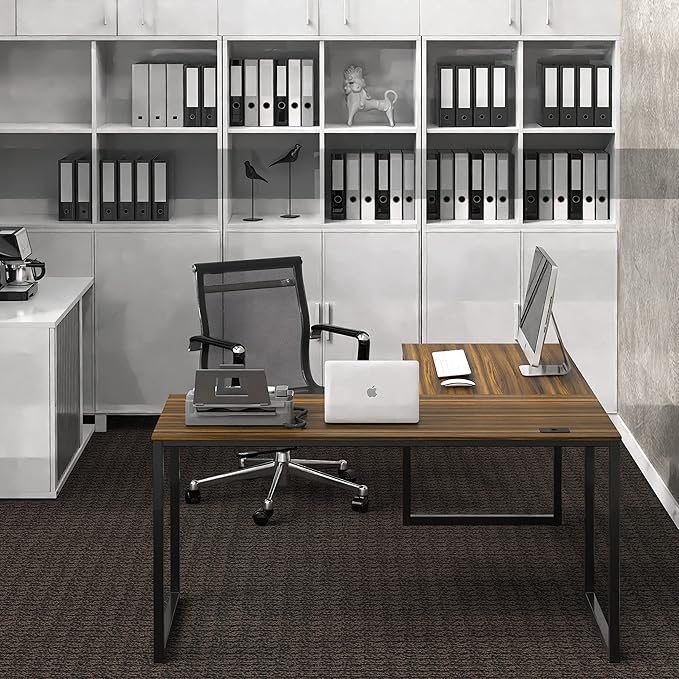 SHW Mission 55 x 60 Inches L-Shape Home Office Computer Desk, Walnut