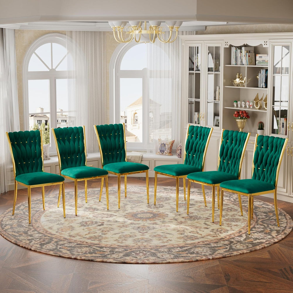 Velvet Dining Chairs Set of 6, Woven Upholstered Dining Chairs with Gold Meta...