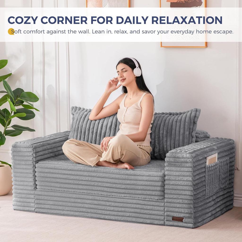 MAXYOYO Convertible Sofa Bed, Pull-Out Loveseat Couch Bed for Small Space | 2 in 1 Folding Couch Bed with Large Back Pillow, Plush Faux Fabric Lounge Couch for Living Room, Apartment, Grey