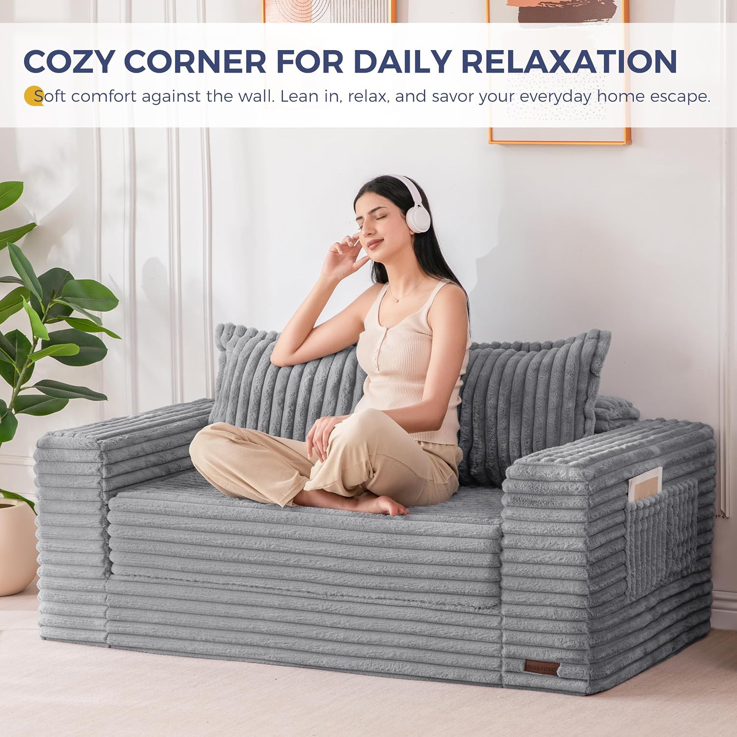 MAXYOYO Convertible Sofa Bed, Pull-Out Loveseat Couch Bed for Small Space | 2 in 1 Folding Couch Bed with Large Back Pillow, Plush Faux Fabric Lounge Couch for Living Room, Apartment, Grey