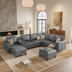 SITJOY 132" Faux Leather Modular Sectional Sofa with Storage, Mid Century Modern Sectional Couches for Living Room, 8 Seat V Shaped Couch with Ottoman and Console Table, Hidden Cupholders, Gray