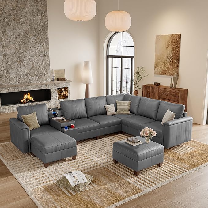 SITJOY 132" Faux Leather Modular Sectional Sofa with Storage, Mid Century Modern Sectional Couches for Living Room, 8 Seat V Shaped Couch with Ottoman and Console Table, Hidden Cupholders, Gray