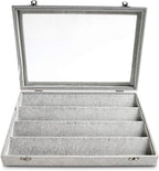 Frebeauty Earring Organizer Tray with Clear Lid 64 Slots Velvet Drawer Insert Earring Storage box with Transparent Glass lid Jewelry Display Case with lock Gifts for Girls Women (Grey, Earrings)