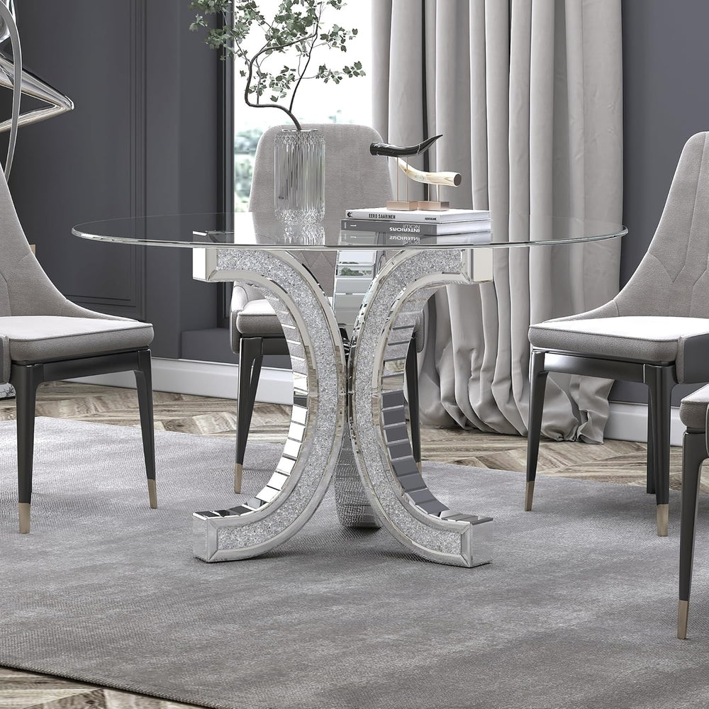 52" Round Glass Pedestal Dining Table with Tempered Glass Top, Mirrored ...