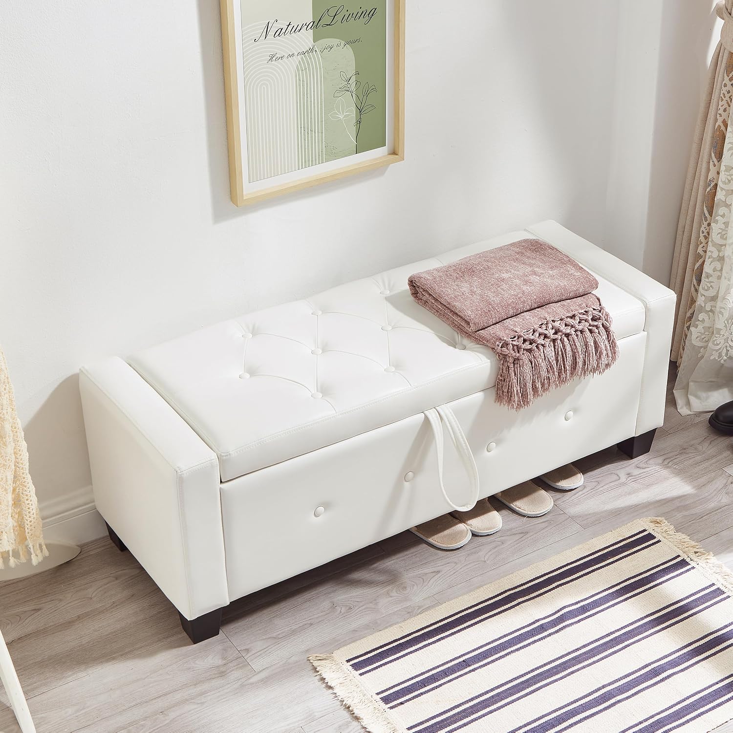 48" Storage Ottoman Bench, Ivory White | Faux Leather, Lift Top, For Living Room & Bed End, Upholstered Tufted PU