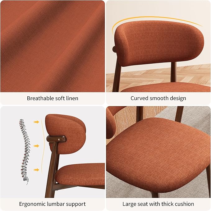Kitchen Dining Chairs Set of 4 Modern Soft Linen Farmhouse Dining Room Chair with Metal Legs, Orange/Walnut