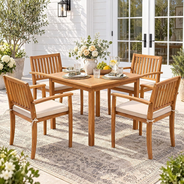 Greesum 5 Pieces Acacia Wood Patio Dining Set, Outdoor Table & Chairs