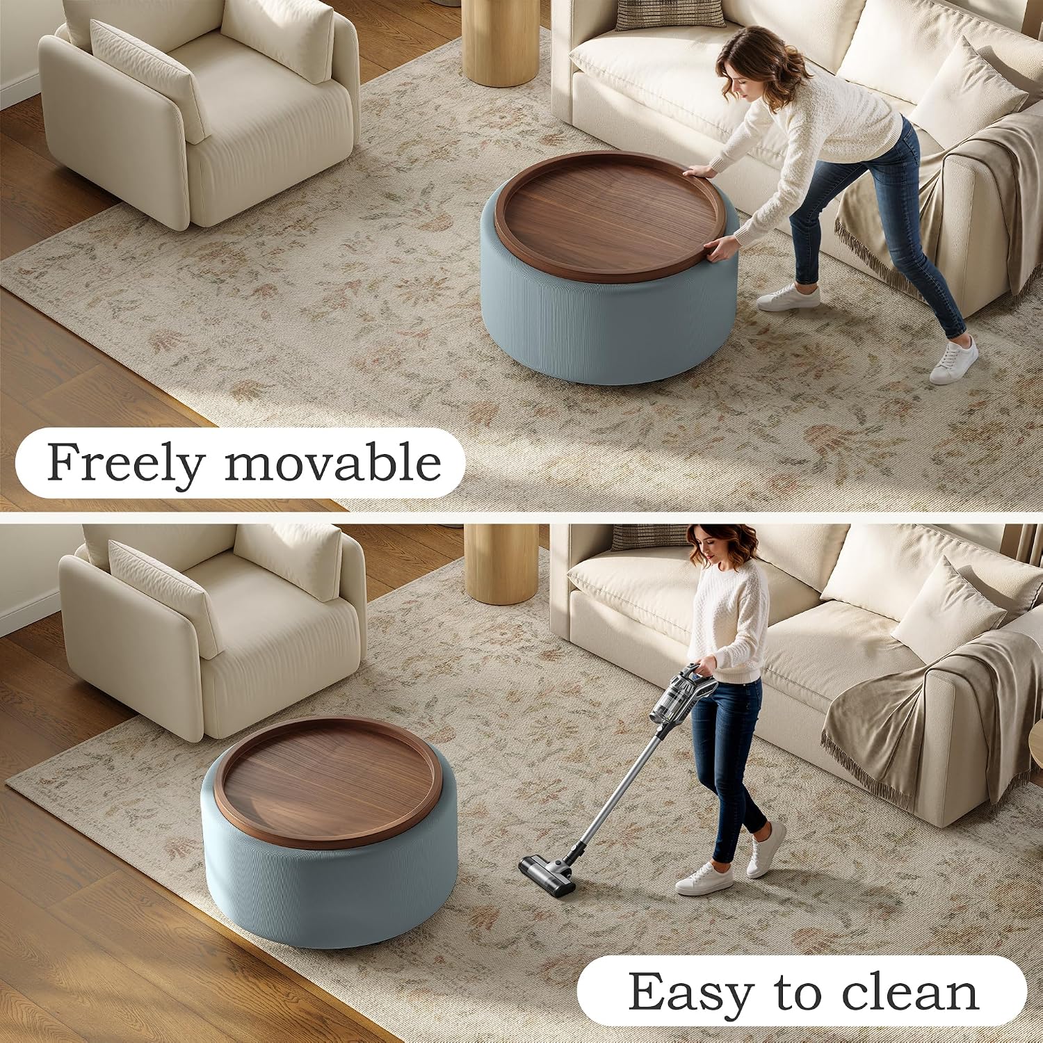 Round Storage Ottoman Coffee Table with Walnut Tray, 30'' Round Ottoman with Storage, Modern Upholstered Coffee Table with with 4 Casters for Living Room, Linen Fabric, Light Blue