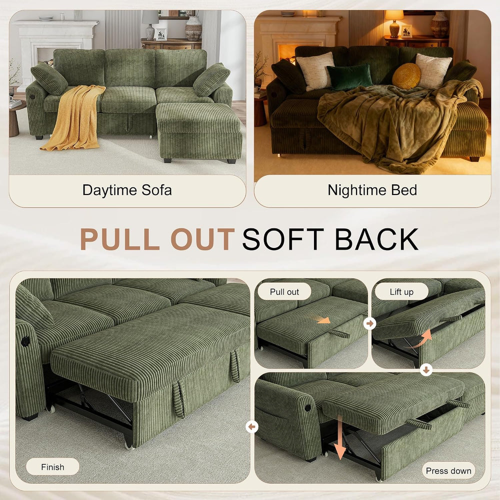 Hanherry 81" Sectional Couch with Pull Out Bed,3 Seat Corduroy Sleeper S...
