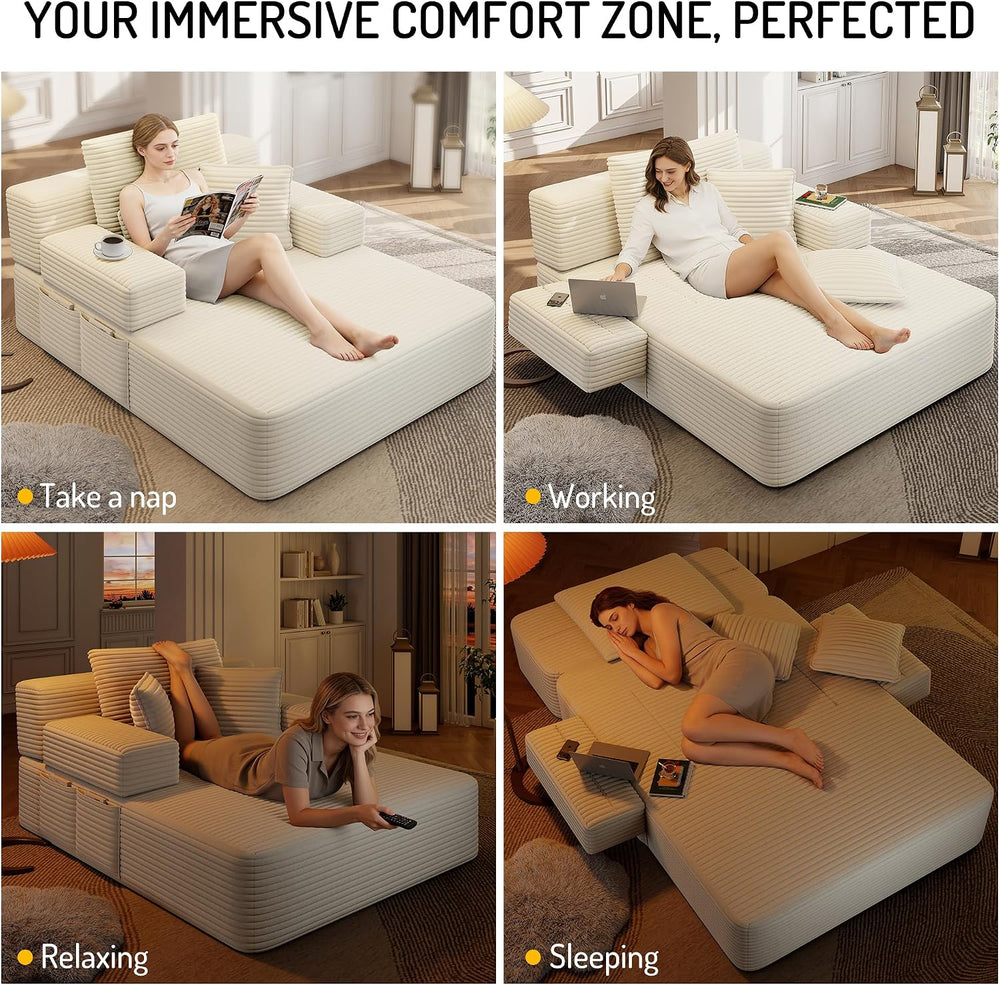 Oversized Chaise Lounge Chair Indoor, 60”,White | Corduroy Convertible Floor ...