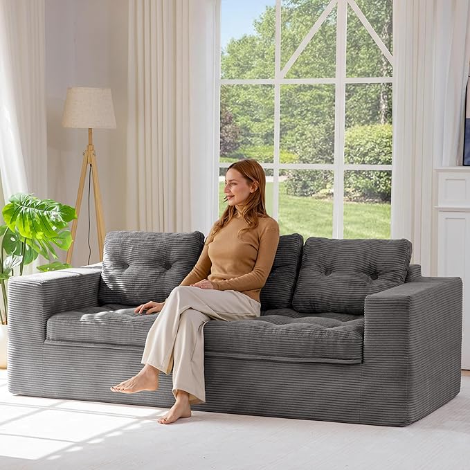 MAXYOYO 79" Loveseat Sofa Couch for Small Spaces, Upholstered Boneless Cloud Couch for Apartment Bedroom, 2-Seater Love Seat Floor Modern Sofa with Pillows, No Assembly Required, Dark Grey