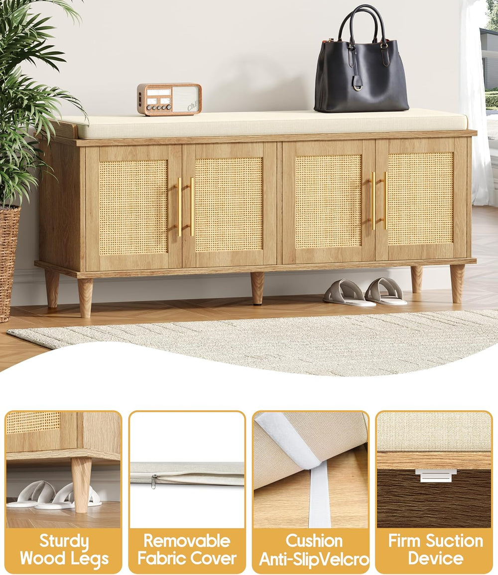 Akxomel 47.2" Rattan Shoe Storage Bench 4 Doors Wooden Entryway Bench Oa...