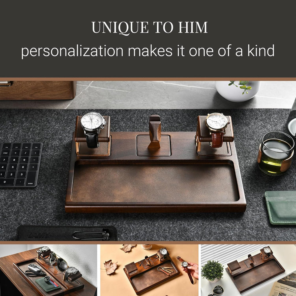 Shanik Wooden Nightstand Organizer – Everyday Carry Docking Station with Watch Holder & Glasses Tray, Personalized Gift for Men or Women