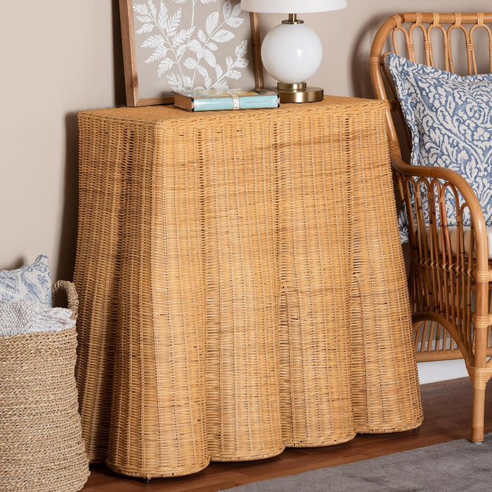 Bali & pari Palm Scallop Natural Rattan Console Table – Handwoven Wicker Accent Table for Hallway or Entryway, Coastal & Boho Décor, 36-inch Wide, Rectangular