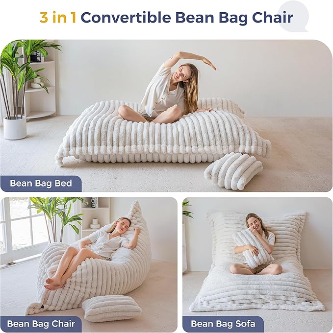 MAXYOYO Giant Bean Bag Chair with Pillow, 3 in 1 Convertible Bean Bag Chair for Adults with Removable Cover, Floor Cushion Stuffed Floor Lounger for Living Room Bedroom, Beige