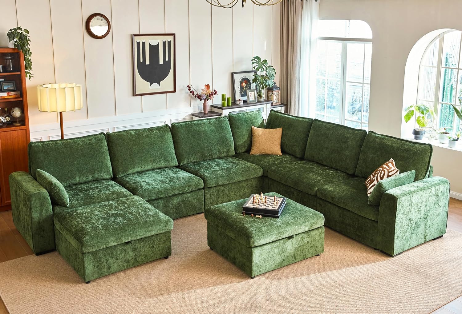 155.9'' Oversized Modular Sectional Sofa Plush Cloud Couch with Storage, Convertible Deep U-Shaped Couch with Chaises for Living Room, 6-Seater with Corner and 2 Ottomans, Chenille, Green