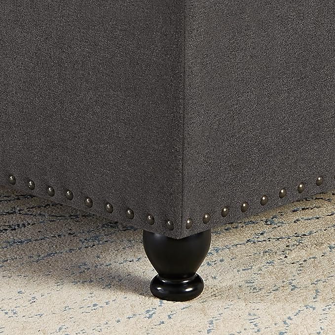 Upholstered Linen Storage Ottoman Bench with Wooden Legs,Button Tufted Coffee Table W/Nail Trims,for Living Room,Bedroom,Entryway,Easy to Assemble,Dark Gray