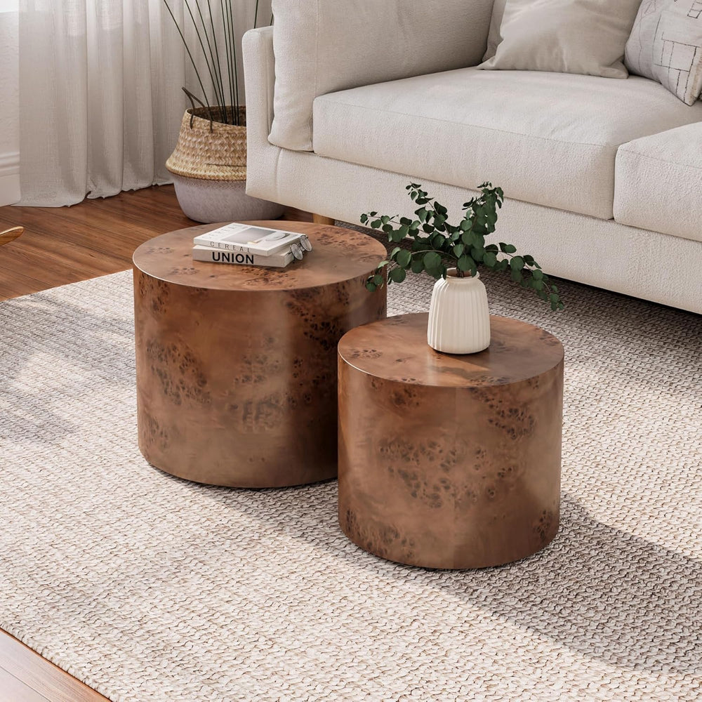 Nesting Coffee Table Set of 2, Modern Round Coffee Table, Wooden Circle Accen...