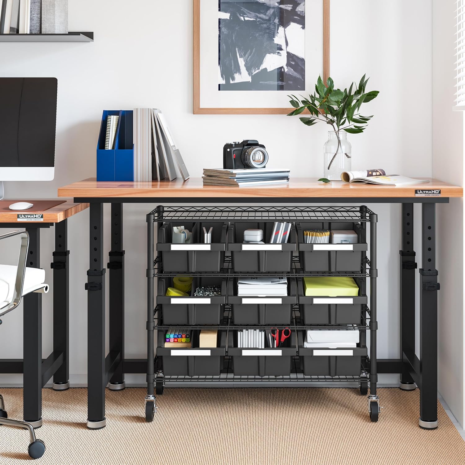 4-Tier NSF 9-Bin Steel Wire Shelving Rack, 36"W x 14"D x 31"H, Graphite | 9 slide-out bins with tilt-lock design keep supplies organized and accessible