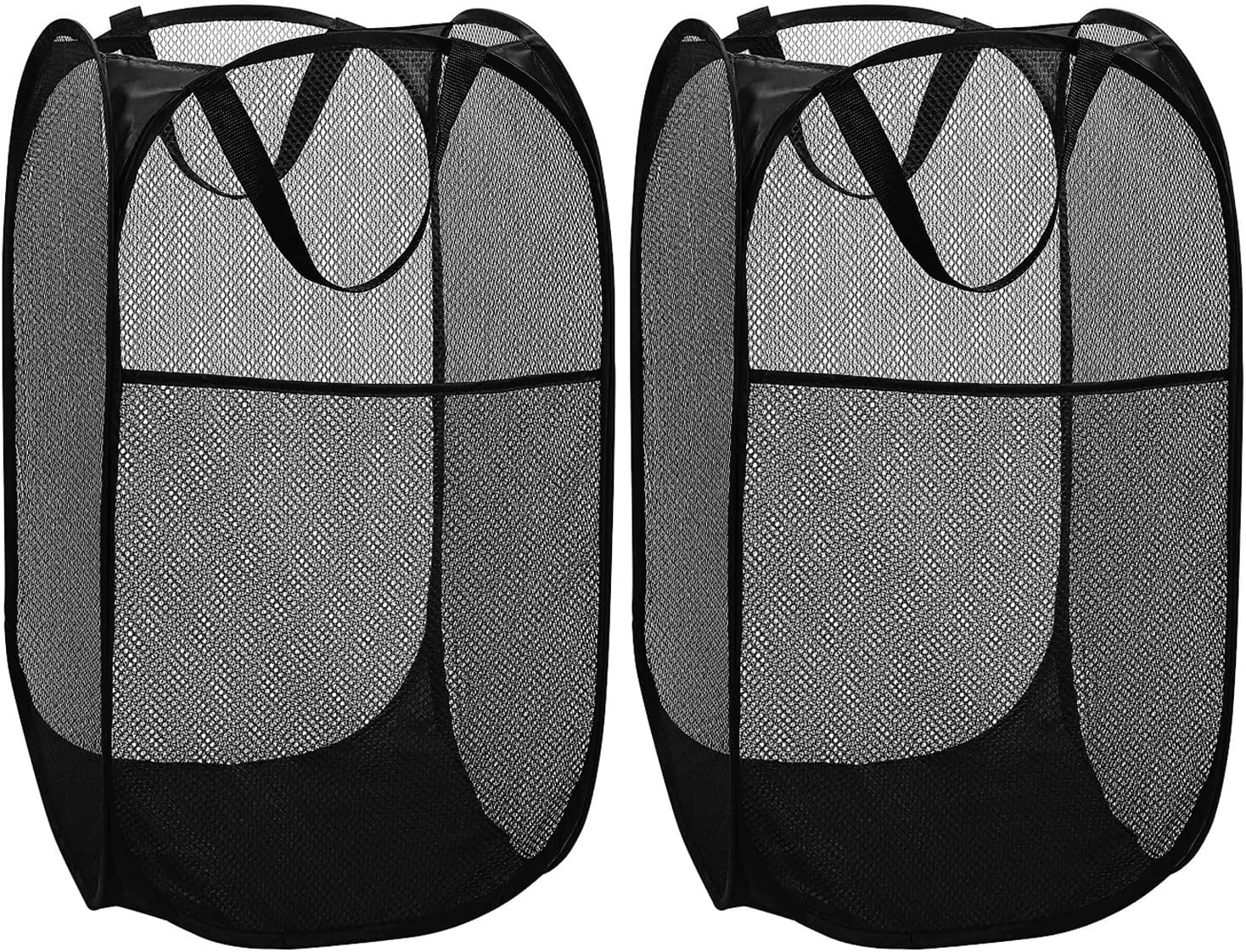 BATTOO Deluxe Strong Mesh Pop up Laundry Hamper Basket with Side Pocket Foldable Hamper for Laundry Room, Bathroom, Kids Room, College Dorm or Travel Black + Black
