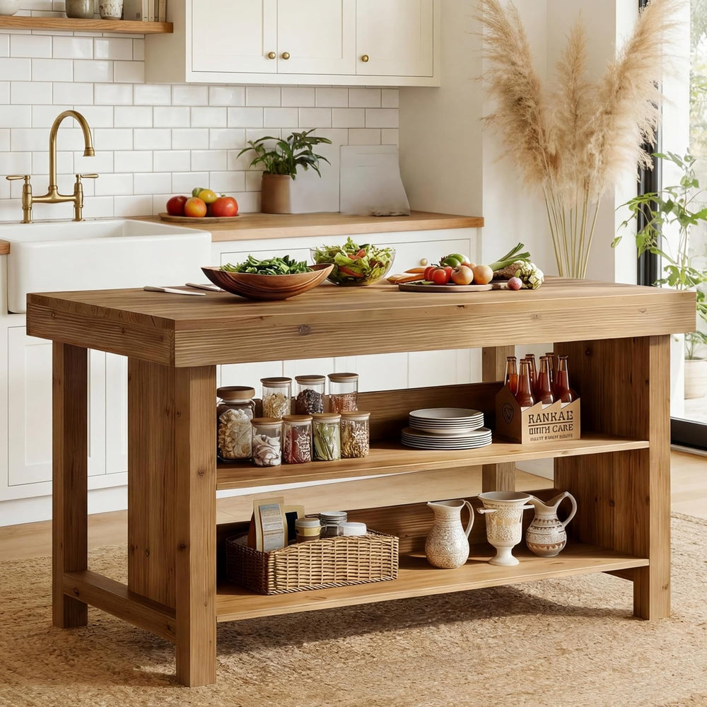 55" Solid Wood Kitchen Island with Storage, Farmhouse Kitchen Island Tab...