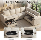 108 Inch Sectional Sleeper Sofa Bed with Pull Out Couch, U Shaped 7 Seat Cloud Modular Sectional Sofa with Storage, Corduroy Sectional Couches for Living Room, Removable Sofa Cover, Beige