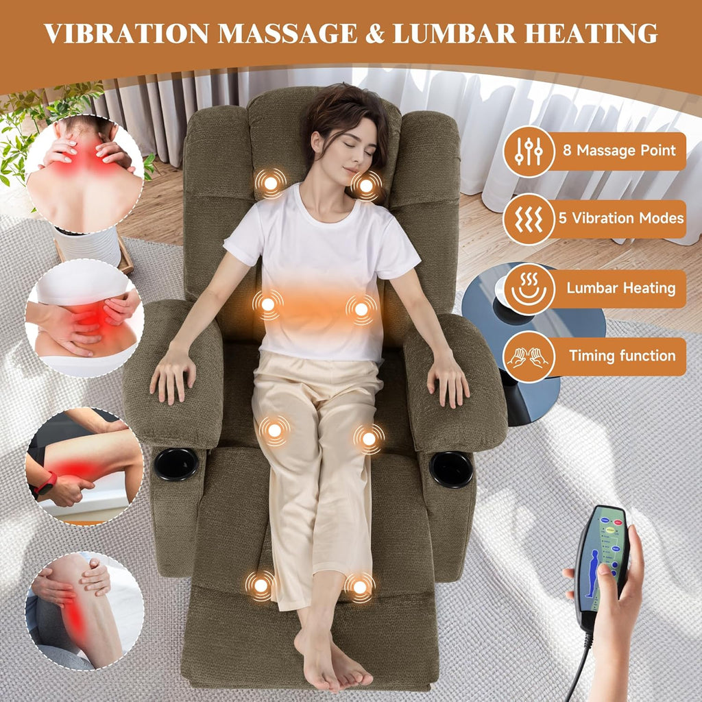 Swivel Rocker Recliner Chair for Adults – Manual Glider Sofa with Massage, Heat & Vibration, 360° Rocking for Living Room or Nursery