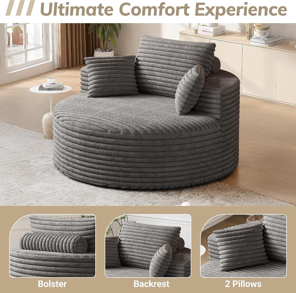 Oversized Round Chaise Lounge, 50" Corduroy Chair, Grey | Deep Seat Sing...