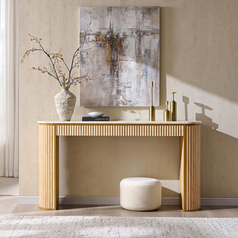 OKD 63-Inch Fluted Console Table, Narrow Entryway Table, Natural Oak