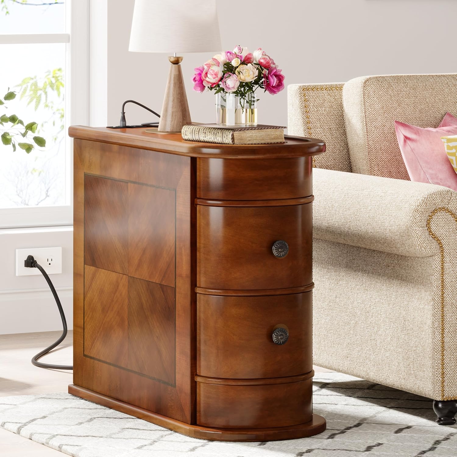 Solid Wood End Table with Charging Station, No Assembly Required Narrow Sofa Side Table for Living Room, Vintage Slim Nightstand Bedside Table (2 Drawers, Brown, 1Pc)