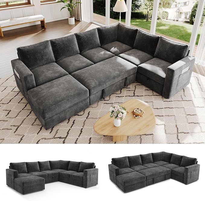 106.7" Sectional Sleeper Sofa with Pull Out Couch, Modern 7 Seat U Shaped Modular Couch, Sectionals Modular Sofa with Storage, Comfy Sectional Couches for Living Room & Apartment, Dark Gray