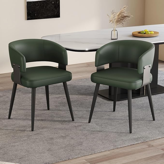 Modern Dining Chairs Set of 2, Upholstered Faux Leather Kitchen Side Chairs with Curved Open Back, Easy Assembly for Dining Room, Restaurant, Cafe, Green