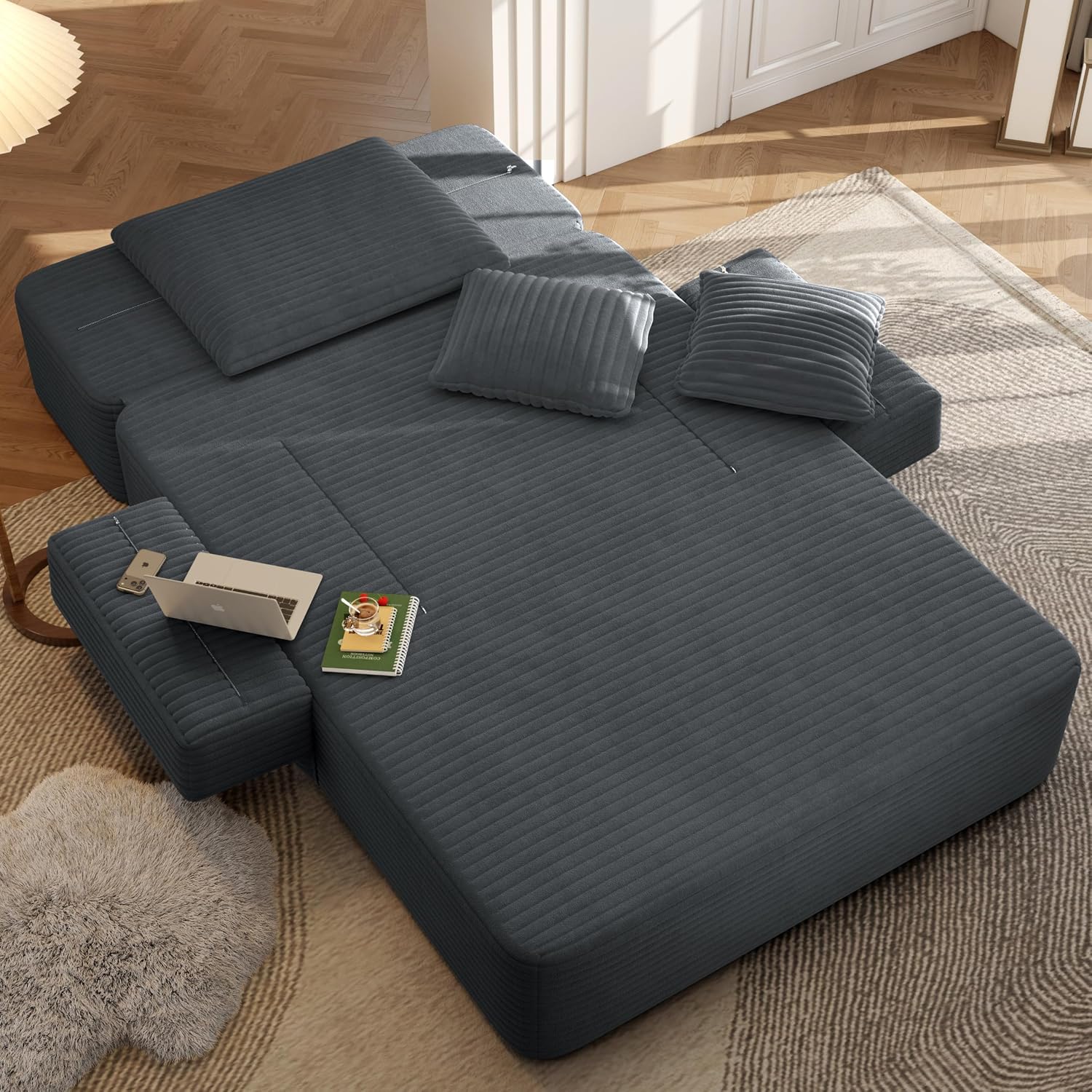 2-in-1 Convertible Chaise Lounge Indoor, 60.2" Corduroy Upholstered Chaise Lounge Chair that Converts to Sleeper Bed,Compressed Sofa with Side Storage Pockets and 3 Pillows for Bedroom Apartment Dorm