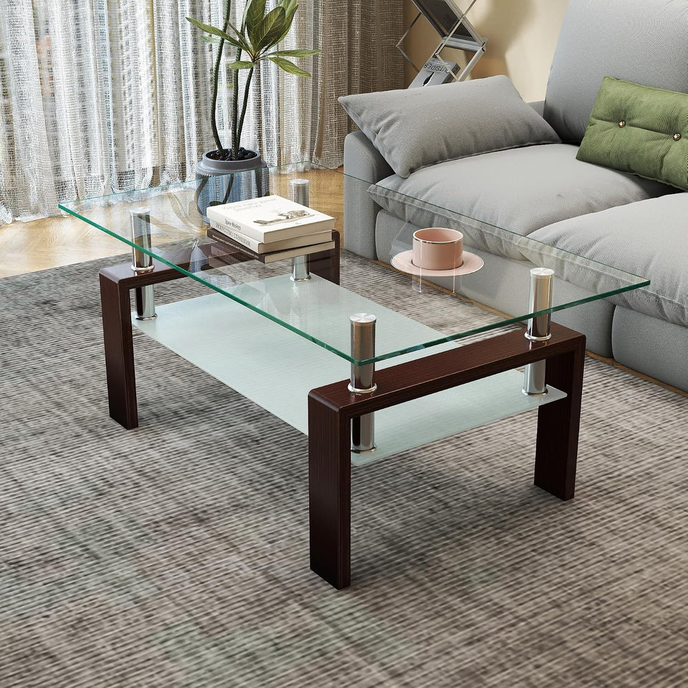 IANIYA Rectangle Glass Coffee Table, Modern Living Room Table with Brown Meta...