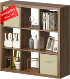 Bookshelf with Storage Bins, 9-Cube Storage Organizer Sturdy Wooden Bookcase Open Book Shelf, Multifunctional Cubicle Rack for Storage & Display, Furniture for Living Room Bedroom Office, Classic Oak