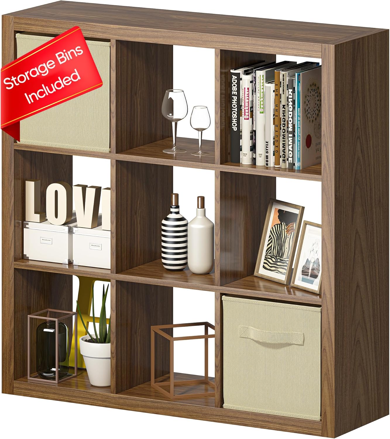 Bookshelf with Storage Bins, 9-Cube Storage Organizer Sturdy Wooden Bookcase Open Book Shelf, Multifunctional Cubicle Rack for Storage & Display, Furniture for Living Room Bedroom Office, Classic Oak