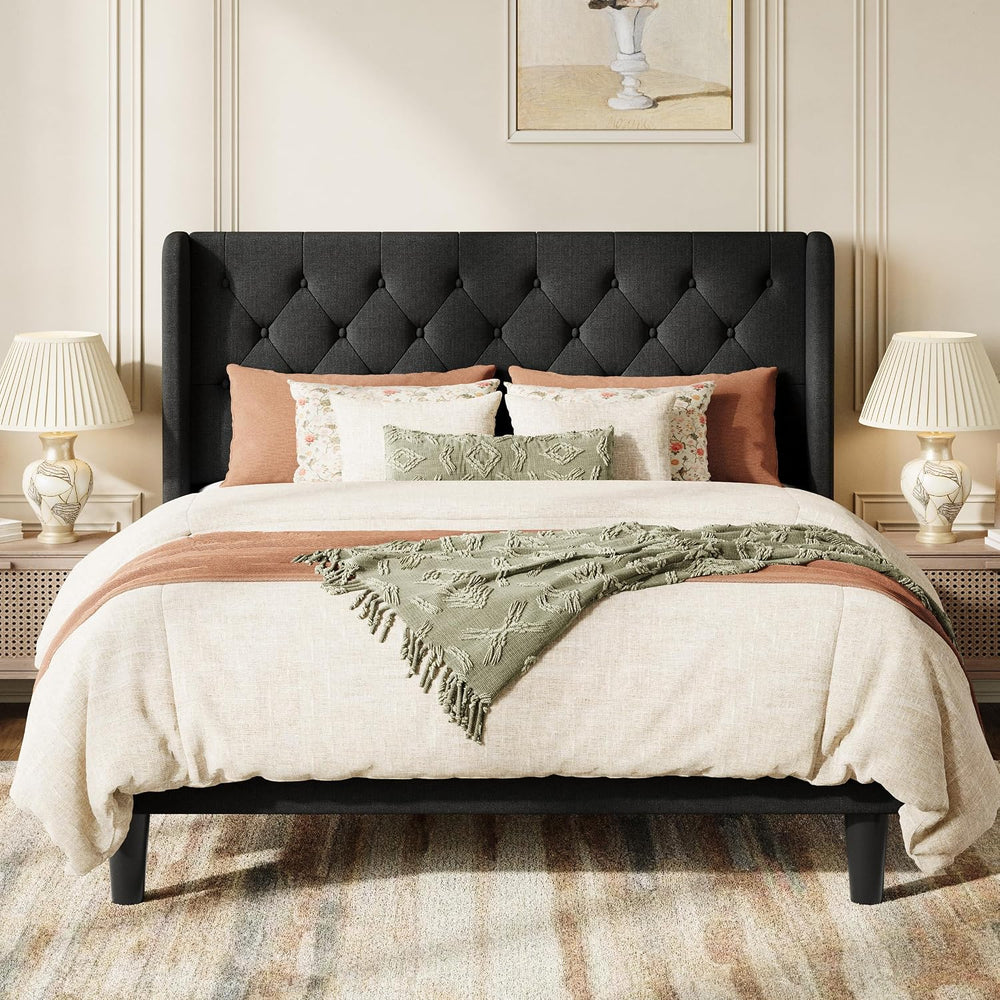 SHA CERLIN Queen Upholstered Bed Frame, Button Tufted Design, Black