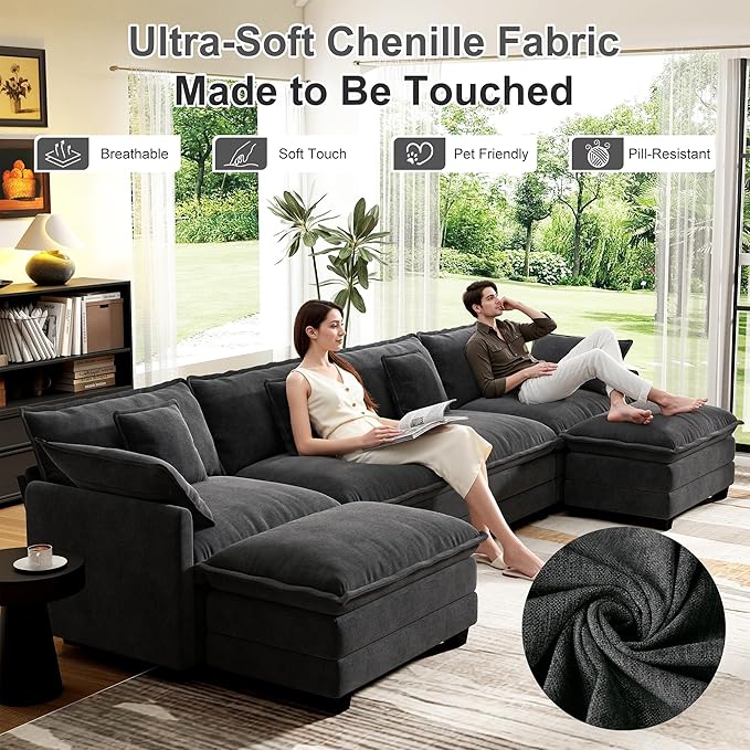 146" Cloud Couch Sectional, U Shaped Modular Sectional Sofa, 4-Seat Deep Seat Couch with 6 Removable Washable Pillows and 2 Ottoman for Living Room, Bedroom, Apartment, Black