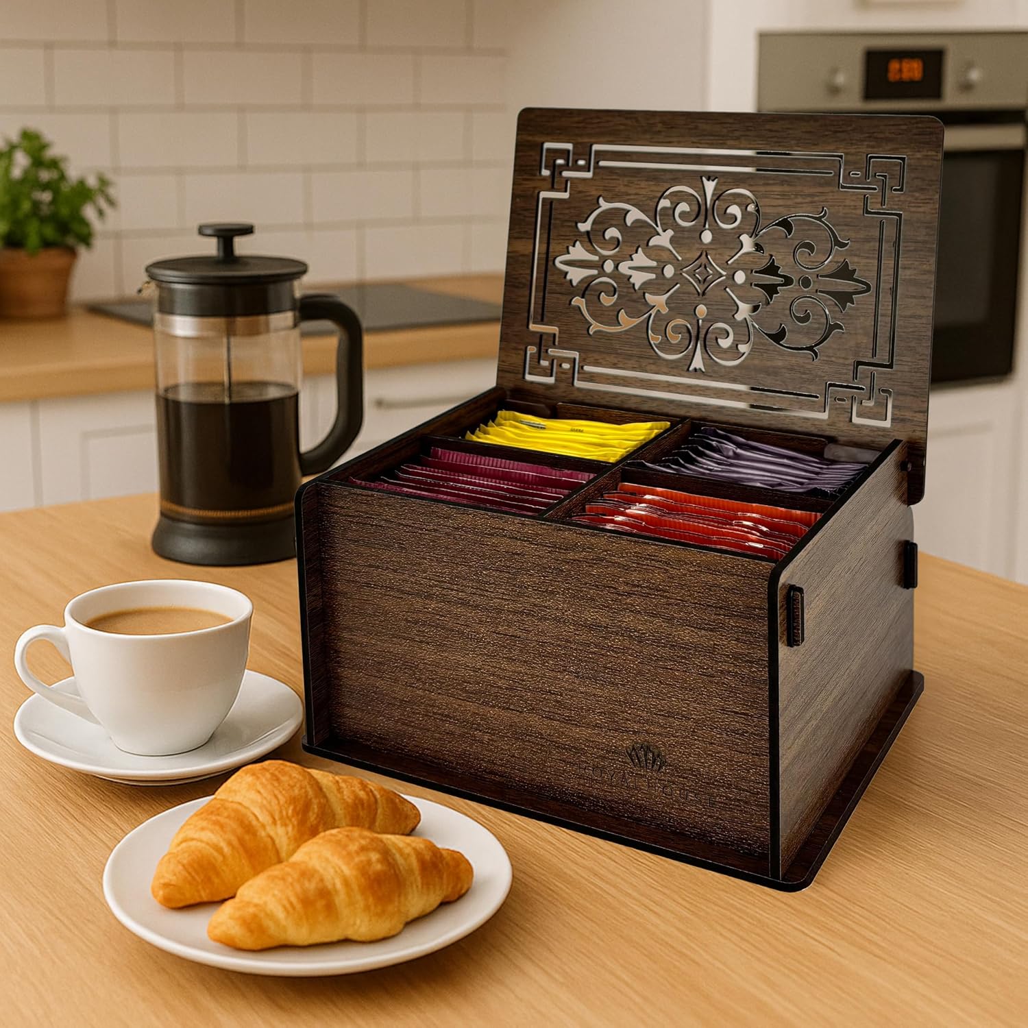 RoyalHouse Premium Wood Tea Storage Box Organizer, Tea Bag Holder Containers (Brown), Eco-Friendly Multi-Functional Decorative Box, 4 Compartments For Assorted Variety Of Small Items | Eco Friendly Design,Functional Organizer,Perfect for Tea Bags & Small