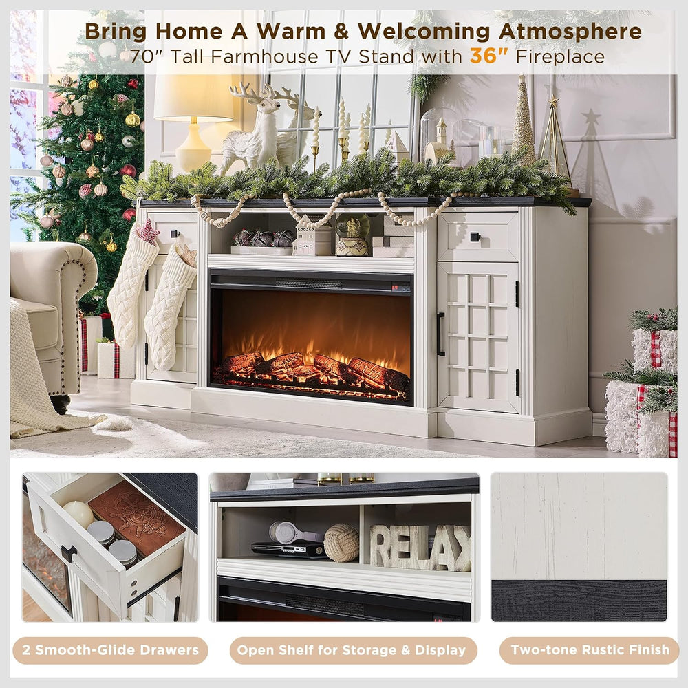 JXQTLINGMU Farmhouse 70" Fireplace TV Stand for 80" TV, Off White |...