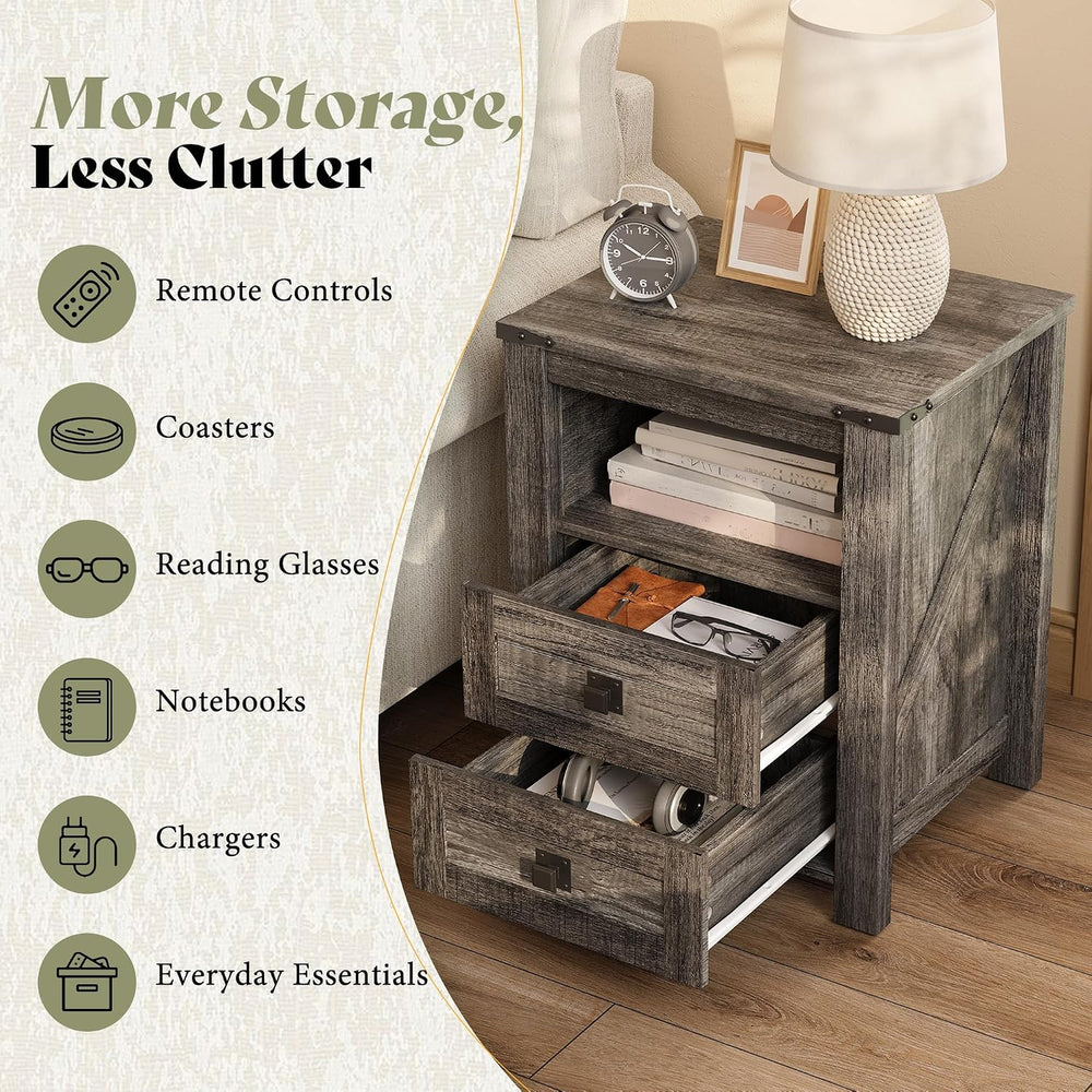 AMERLIFE Farmhouse Wood Nightstand Set of 2, End Table with Drawers, Grey | N...