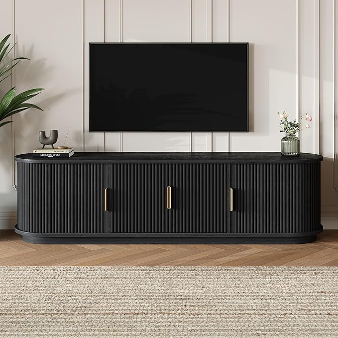 Farmhouse Wooden TV Stand with Sliding Tambour Door for TVs up to 75", Fluted Media Console with Adjustable Storage, Golden Handle TV Cabinet with Cable Holes for Living Room, Black