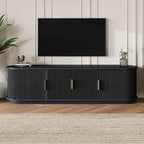 Farmhouse Wooden TV Stand with Sliding Tambour Door for TVs up to 75", Fluted Media Console with Adjustable Storage, Golden Handle TV Cabinet with Cable Holes for Living Room, Black